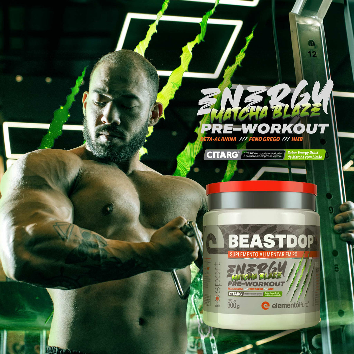 Atleta com o pré-treino BEASTDOP Matchá com Limão