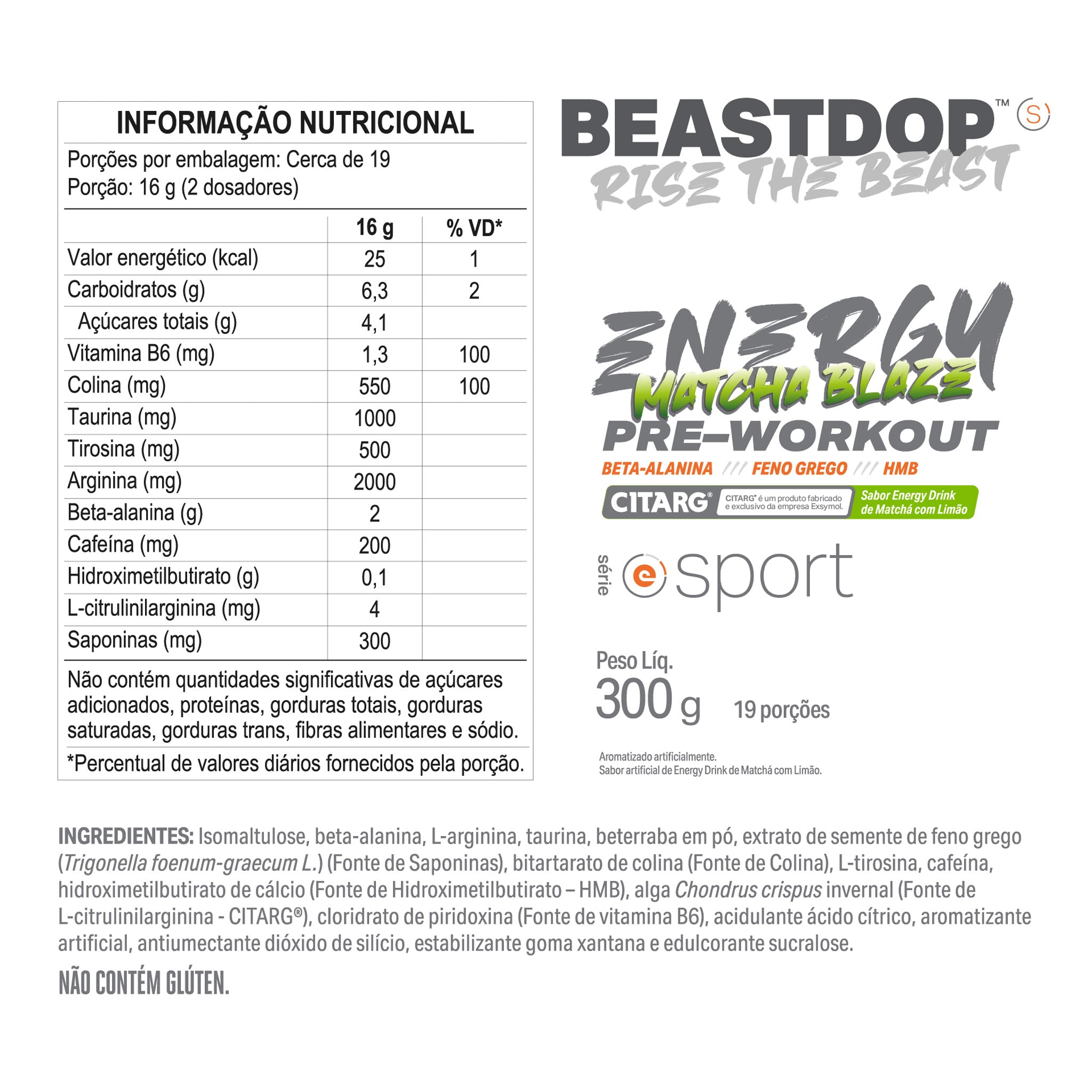 Pré-Treino BEASTDOP Matchá com Limão 300g
