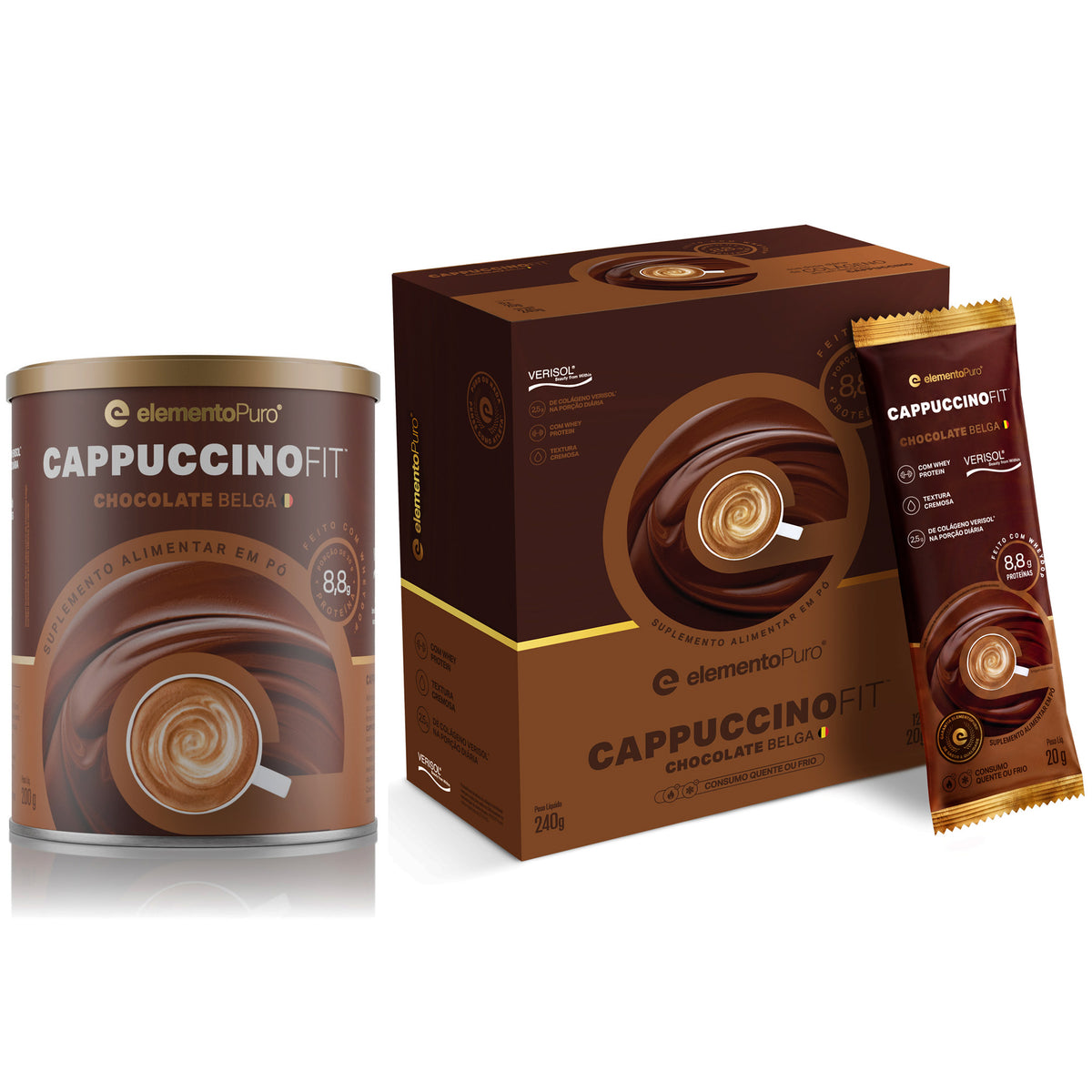 CAPPUCCINOFIT Chocolate Belga em lata, display e sachê