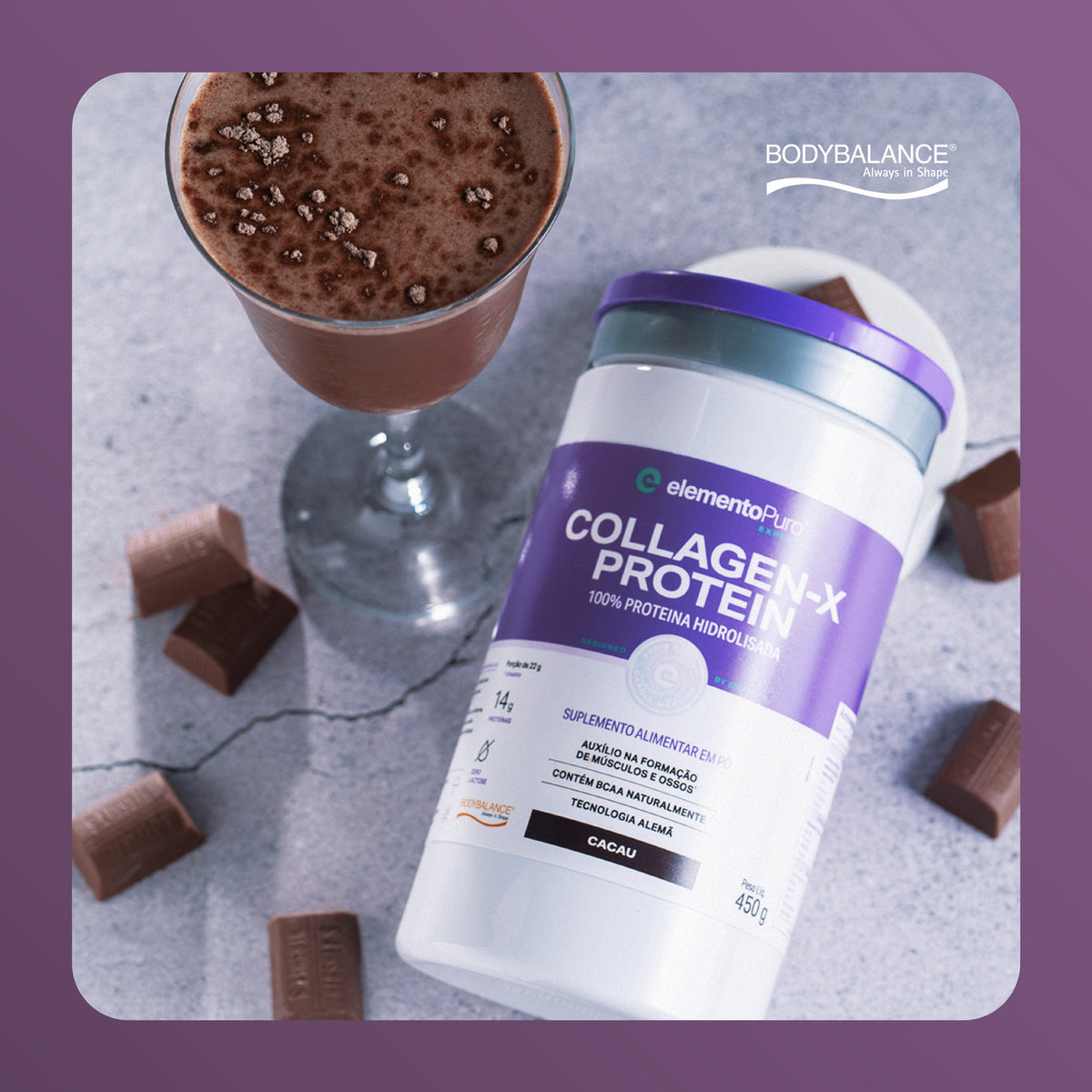 COLLAGEN-X PROTEIN Cacau com copo de shake de chocolate