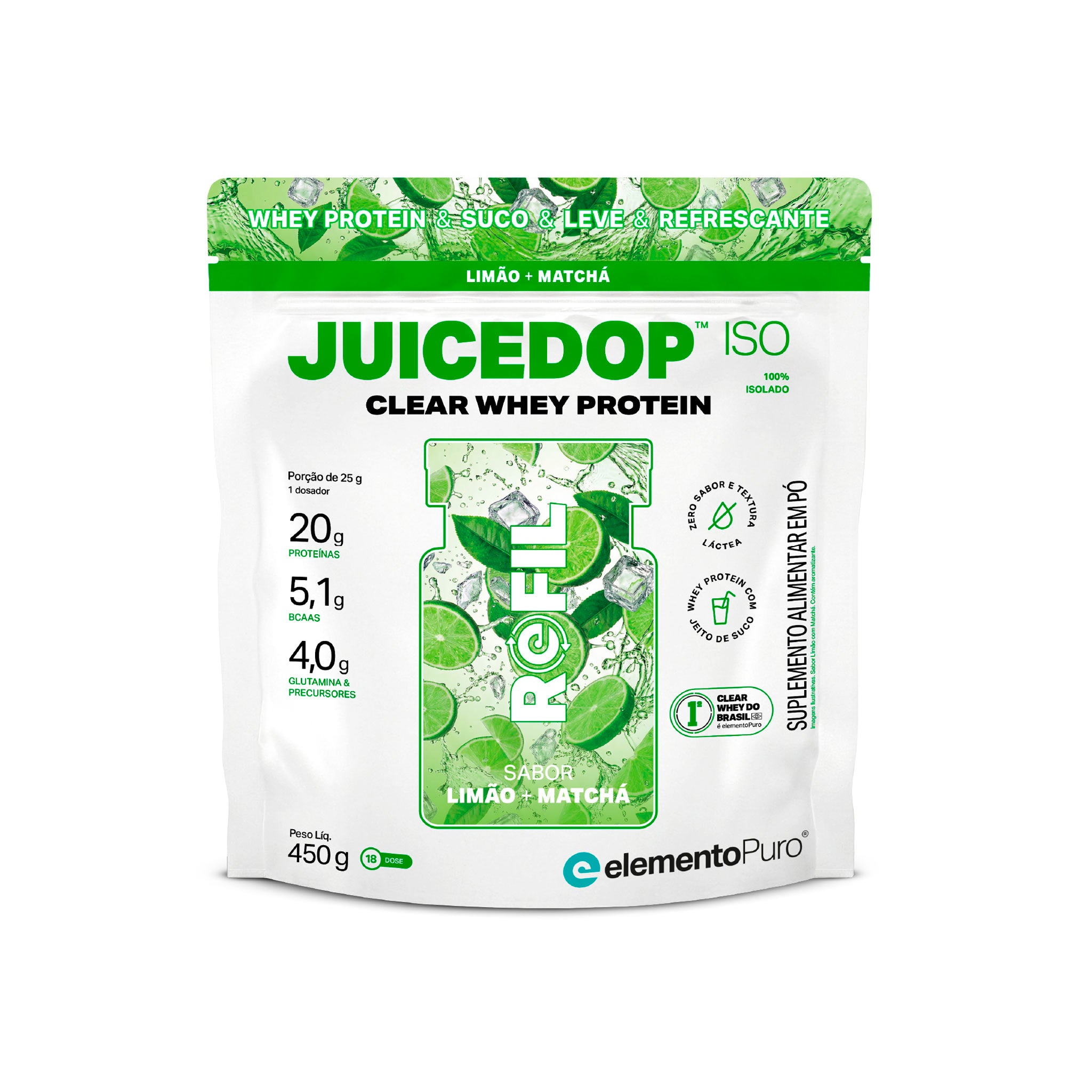 REFIL JUICEDOP Clear Whey Protein Limão com Matchá 450g