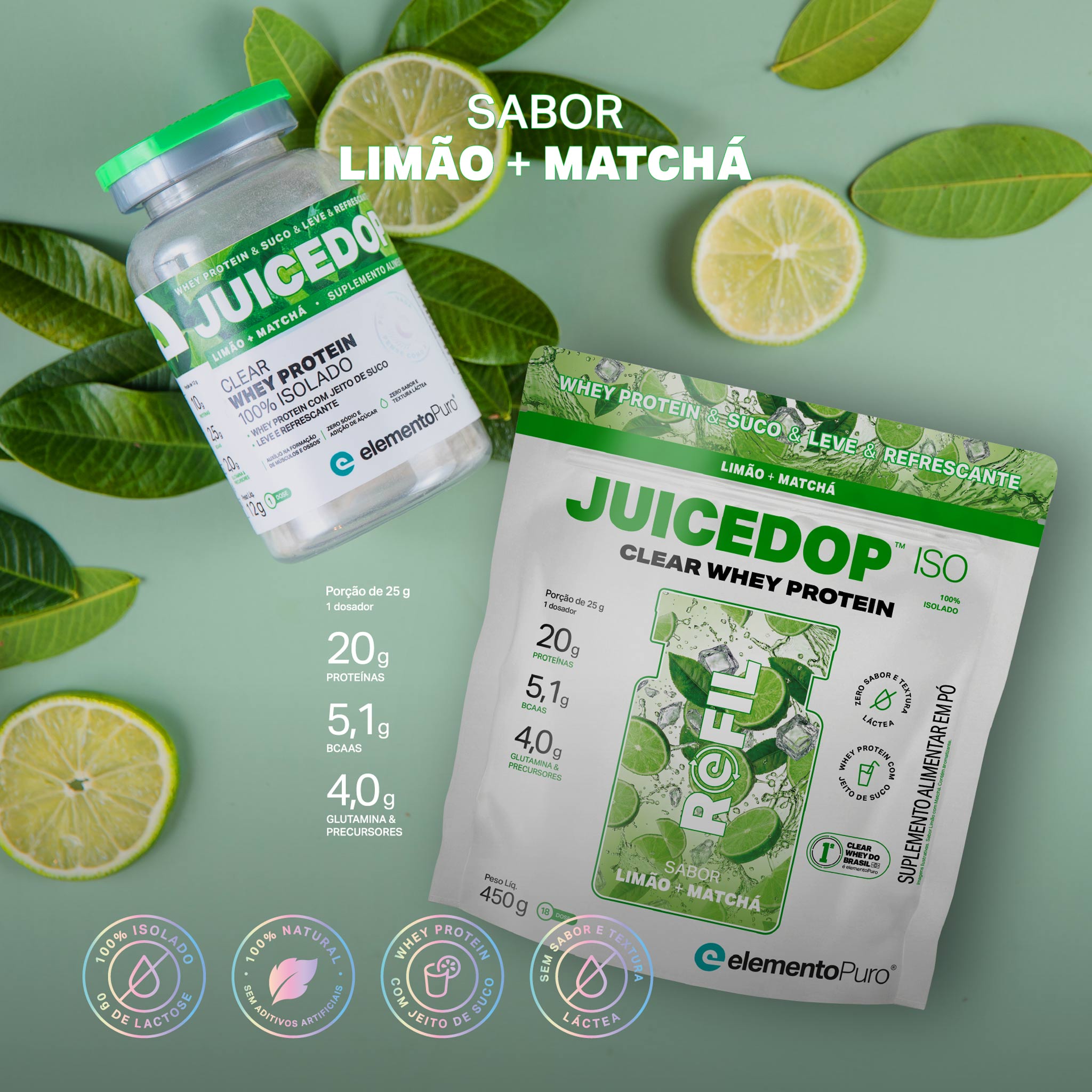 REFIL JUICEDOP Clear Whey Protein Limão com Matchá 450g