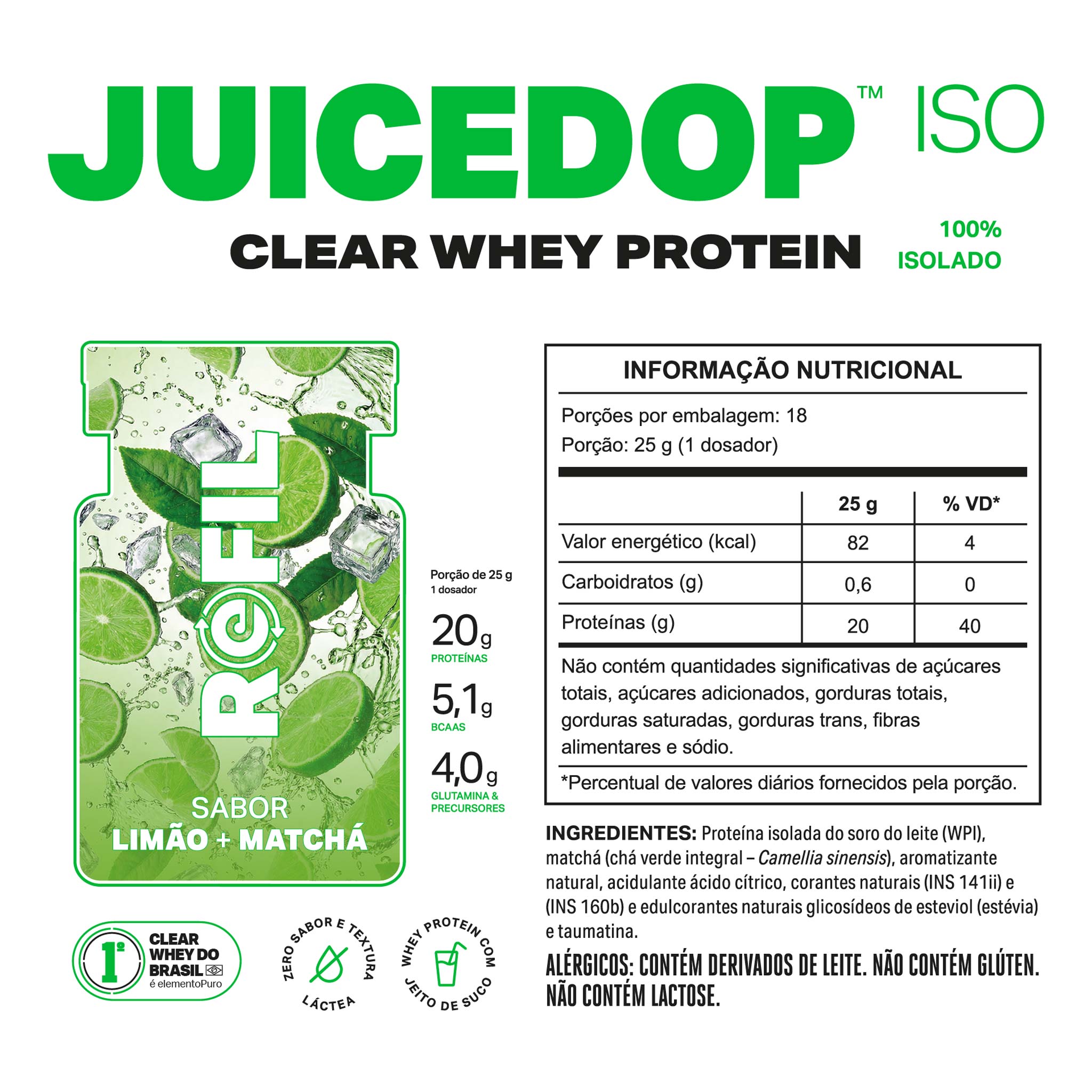REFIL JUICEDOP Clear Whey Protein Limão com Matchá 450g