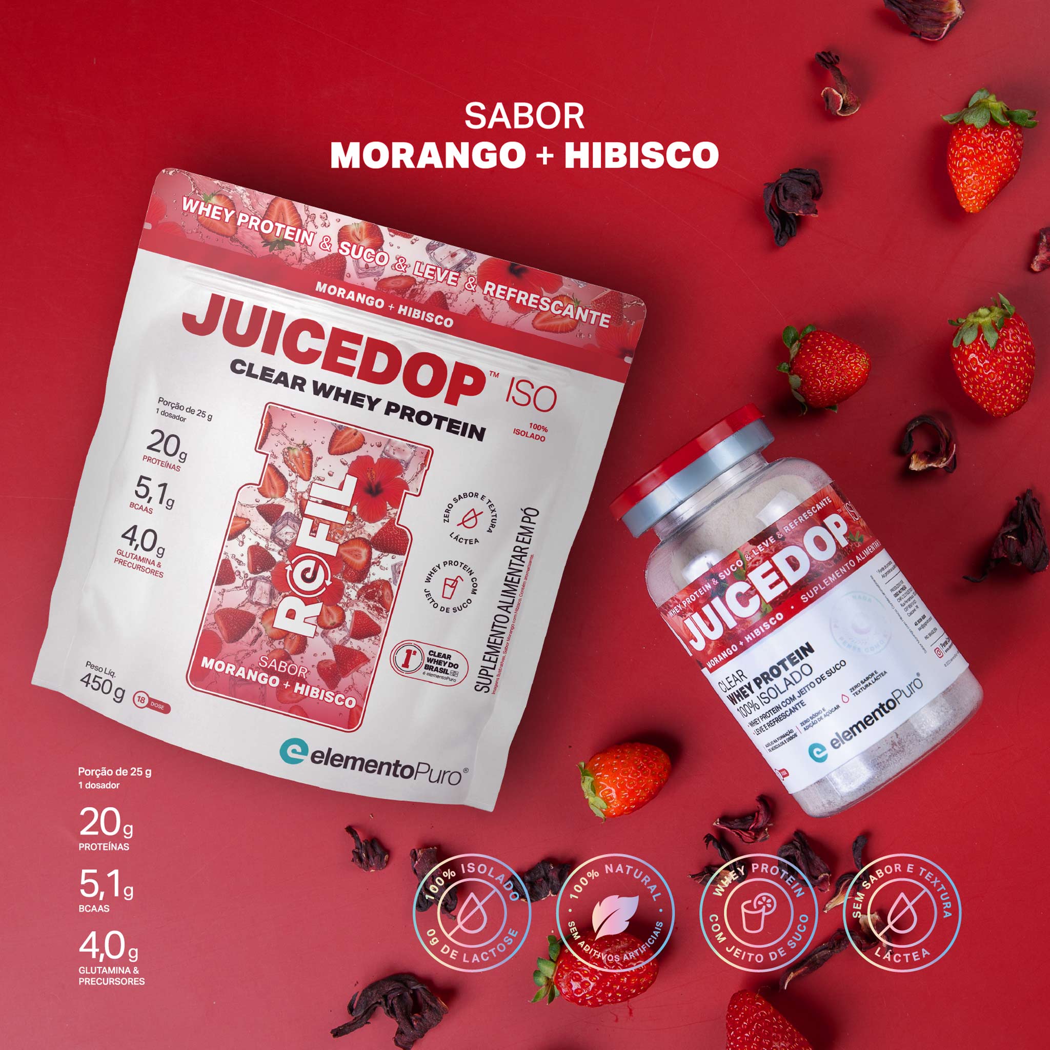 REFIL JUICEDOP Clear Whey Protein Morango com Hibisco 450g