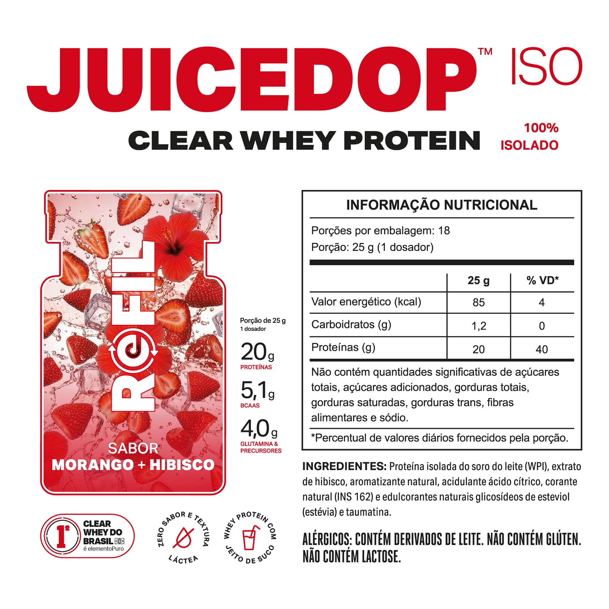 REFIL JUICEDOP Clear Whey Protein Morango com Hibisco 450g