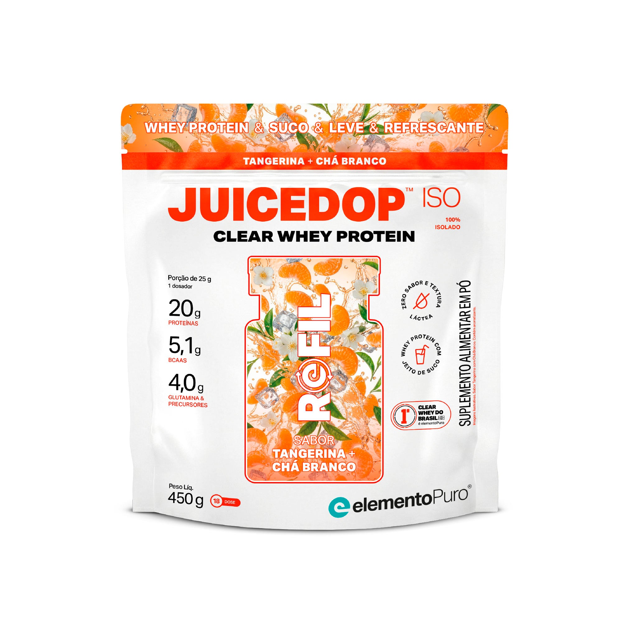 REFIL JUICEDOP Clear Whey Protein Tangerina com Chá Branco 450g