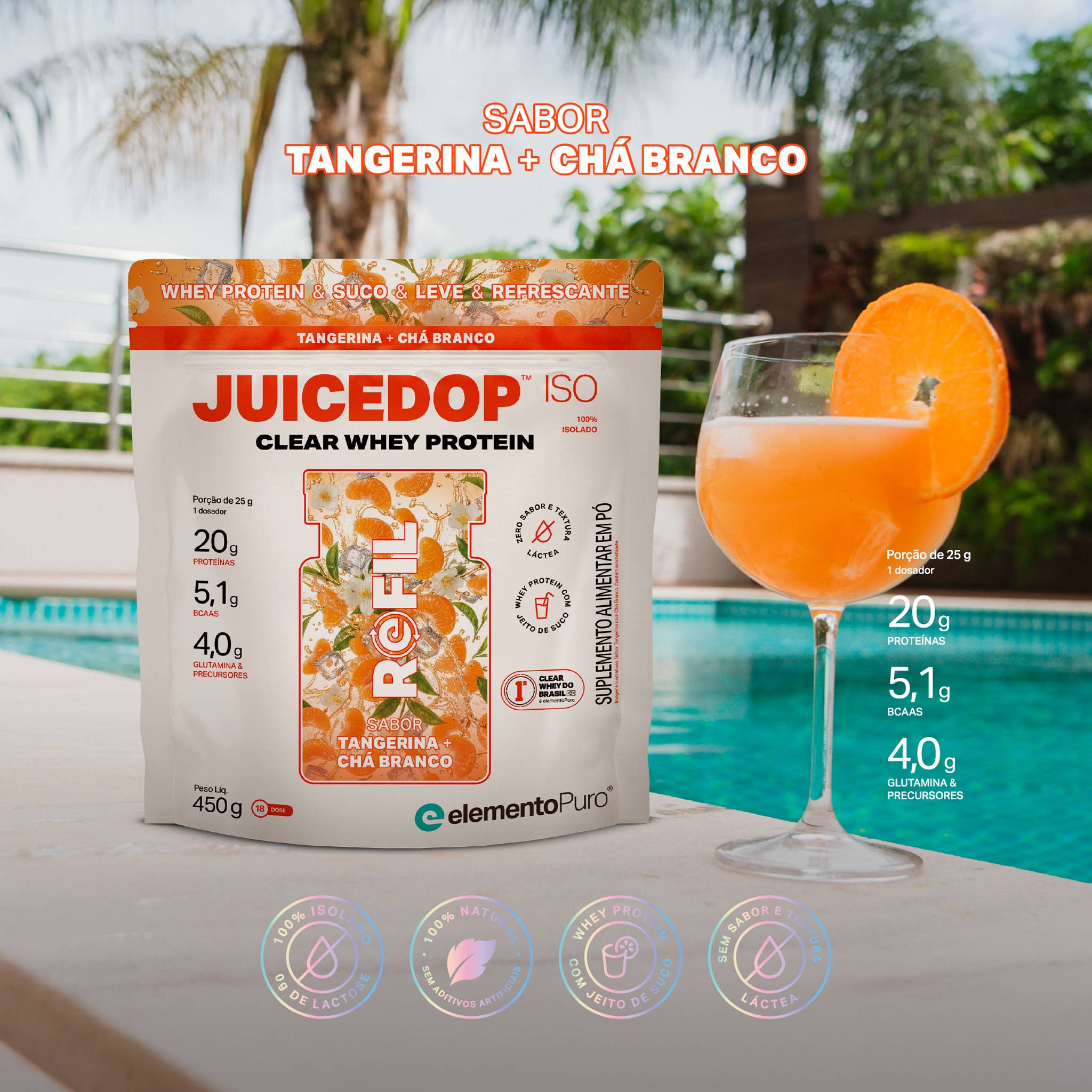 REFIL JUICEDOP Clear Whey Protein Tangerina com Chá Branco 450g