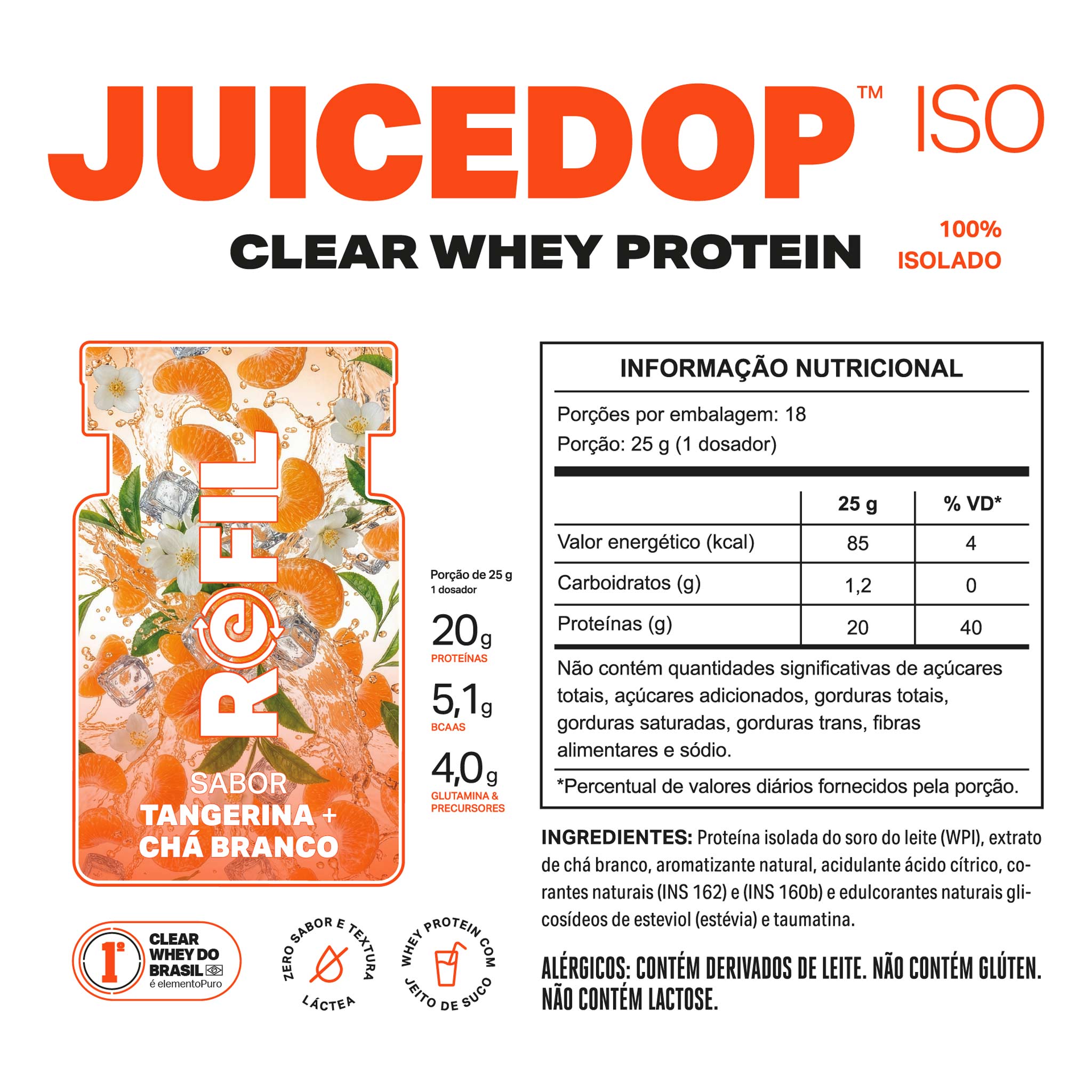 REFIL JUICEDOP Clear Whey Protein Tangerina com Chá Branco 450g