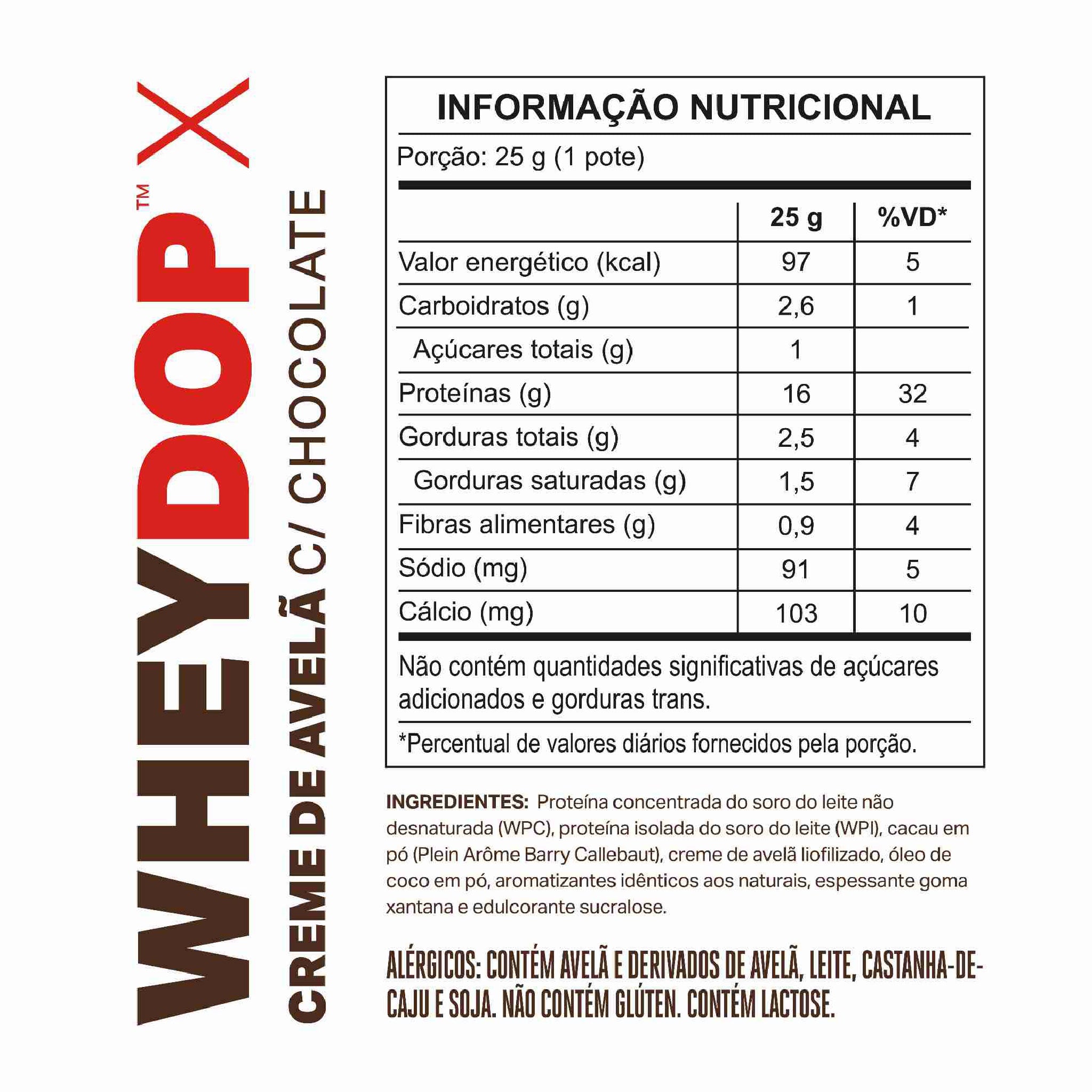 Tabela nutricional de MONODOSE WHEYDOP X Creme de Avelã com Chocolate 25g