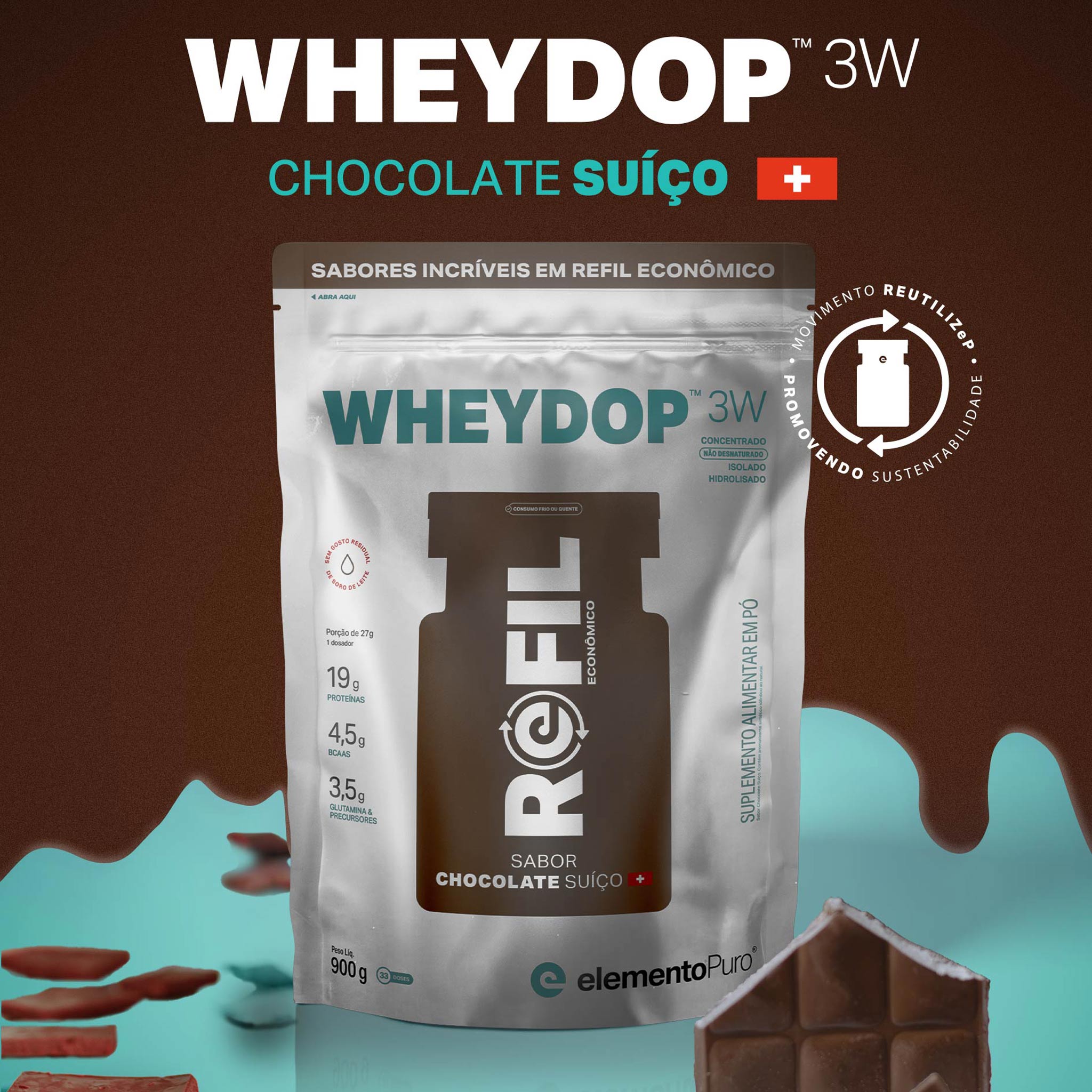 REFIL WHEYDOP 3W Chocolate Suíço 900g