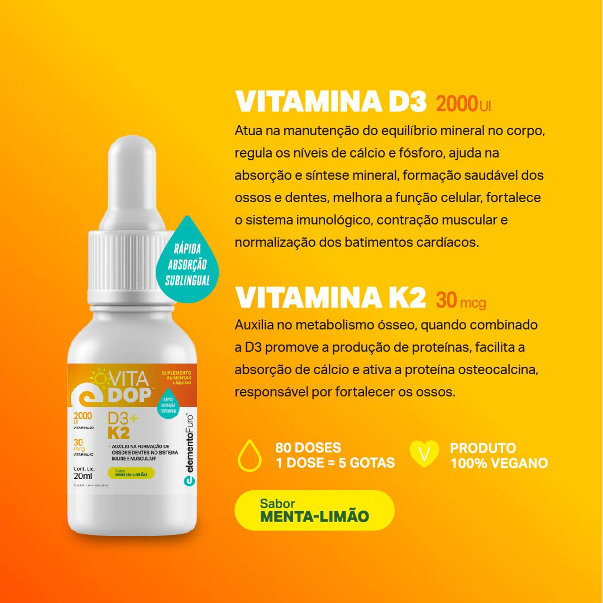 VITADOP D3+K2 em Gotas Menta-Limão 20ml