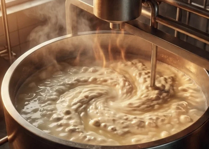 Tacho industrial com leite aquecido e coagulado na fabricação de queijo