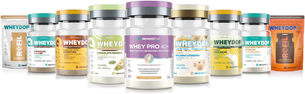 Linha WHEYDOP com Native Whey: potes e refis de vários sabores