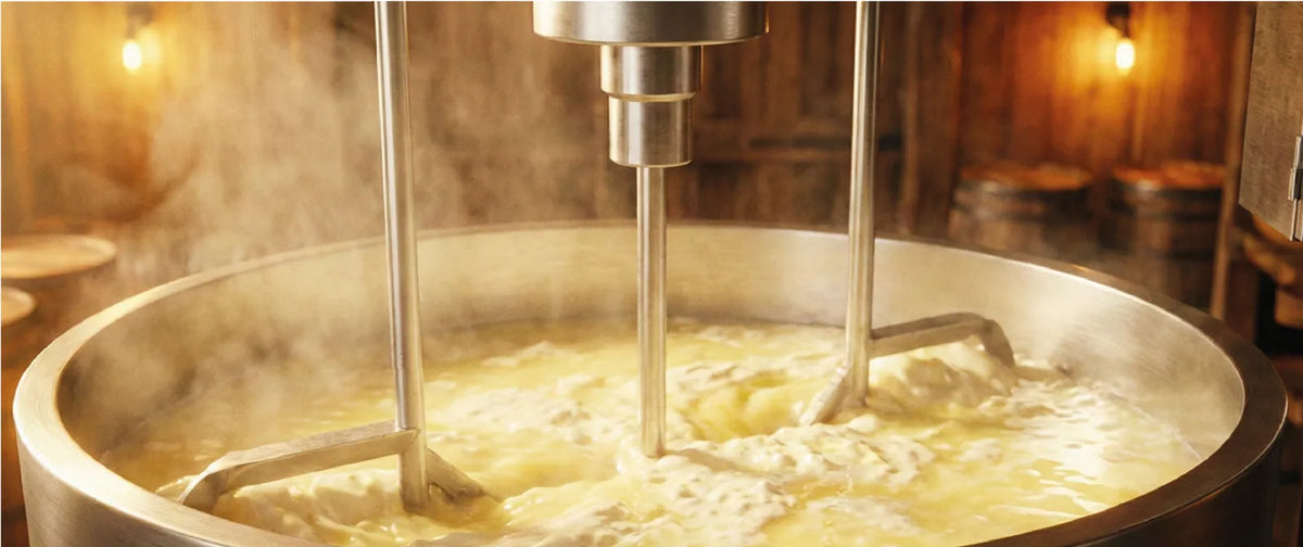 Tacho de aço com a massa do queijo sendo mexida